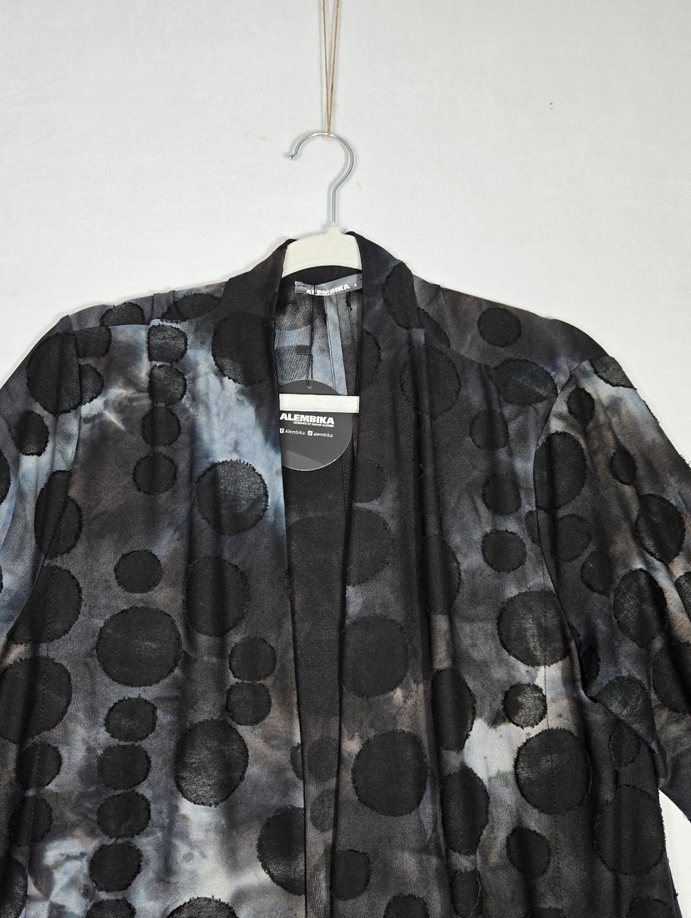 Alembika Knit Open Front Drape Swing Jacket Size 12 14 Black Grey Circle Print - Picture 5 of 16